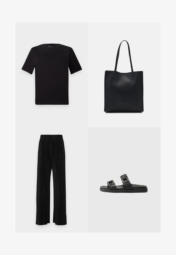 Black short-sleeve t-shirt with a round neckline, crafted from soft cotton fabric. Simple design, no visible logos or patterns.; Black pleated trousers with an elastic waistband. Features wide legs and a smooth, textured fabric with vertical stripes.; Black slide sandals featuring two adjustable straps with gold hardware, a textured upper, and a flat rubber sole.; Black leather tote bag with smooth texture, rectangular shape, and two long handles. No visible hardware or embellishments.