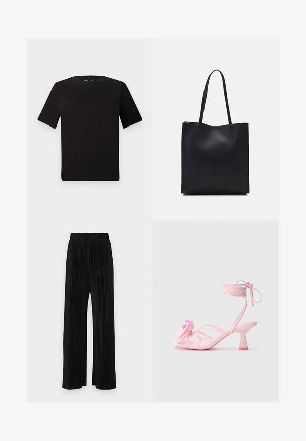 Black short-sleeve t-shirt with a round neckline, crafted from soft cotton fabric. Simple design, no visible logos or patterns.; Black pleated trousers with an elastic waistband. Features wide legs and a smooth, textured fabric with vertical stripes.; Pink heeled sandals with thin straps and a floral accent on the toe. The heel is a chunky design with a contrasting pink tip. Smooth texture.; Black leather tote bag with smooth texture, rectangular shape, and two long handles. No visible hardware or embellishments.