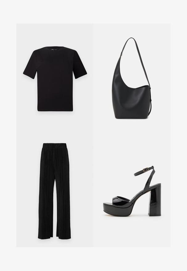 Čierne tričko s krátkym rukávom a okrúhlym výstrihom, vyrobené z mäkkej bavlny. Jednoduchý dizajn, bez viditeľných log alebo vzorov.; Čierne plisované nohavice s elastickým pásom. Majú široké nohavice a hladkú, textúrovanú látku s vertikálnymi pruhmi.; Čierne lakované platformové sandále s remienkom na členku, s hrubým vysokým podpätkom a dizajnom s odkrytými prstami. Hladký povrch a lesklý finiš.; Čierna kožená hobo taška so hladkou textúrou, zakriveným tvarom a jedným nastaviteľným popruhom; má široké otvorenie na vrchu.