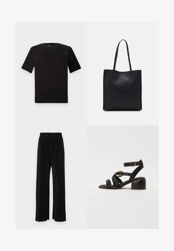 Black short-sleeve t-shirt with a round neckline, crafted from soft cotton fabric. Simple design, no visible logos or patterns.; Black pleated trousers with an elastic waistband. Features wide legs and a smooth, textured fabric with vertical stripes.; Black leather heeled sandals with an open toe, wide straps, gold buckle accents, and a chunky, textured heel.; Black leather tote bag with smooth texture, rectangular shape, and two long handles. No visible hardware or embellishments.