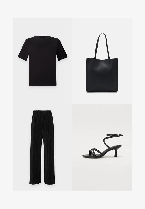 Black short-sleeve t-shirt with a round neckline, crafted from soft cotton fabric. Simple design, no visible logos or patterns.; Black pleated trousers with an elastic waistband. Features wide legs and a smooth, textured fabric with vertical stripes.; Even&Odd Wide Fit Ankle cuff sandals - black; Black leather tote bag with smooth texture, rectangular shape, and two long handles. No visible hardware or embellishments.