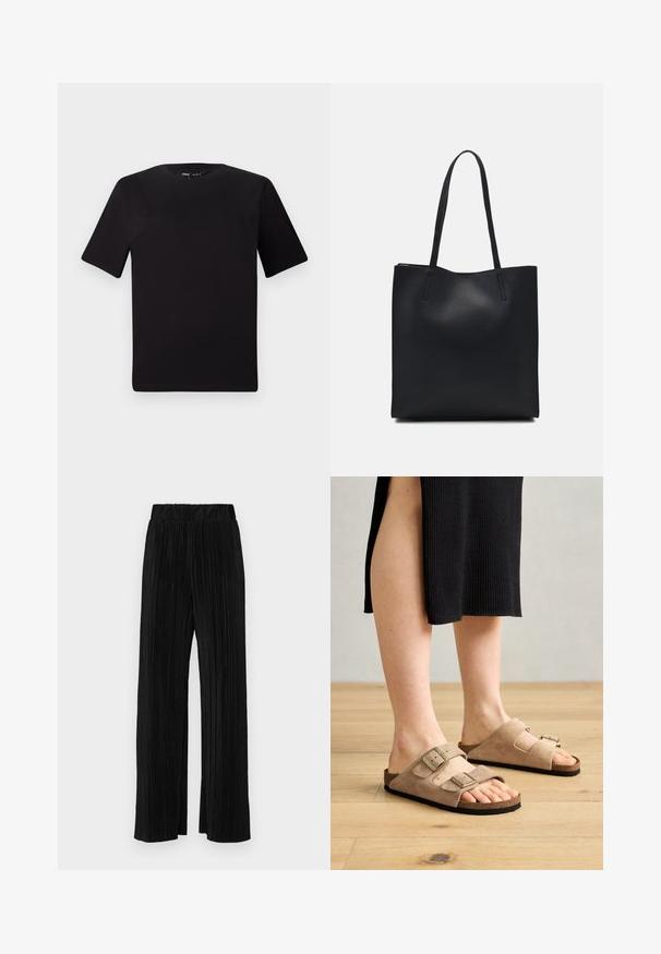 T-shirt nera a maniche corte con scollatura rotonda, realizzata in morbido cotone. Design semplice, senza loghi o motivi visibili.; Pantaloni neri a plissé con vita elasticizzata. Presentano gamba ampia e un tessuto liscio e texture con strisce verticali.; Sandali in suede beige con due cinturini regolabili, plantare in sughero e suole in gomma, mostrati indossati su uno sfondo di pavimento in legno.; Borsa tote in pelle nera con texture liscia, forma rettangolare e due manici lunghi. Nessun hardware o decorazione visibile.
