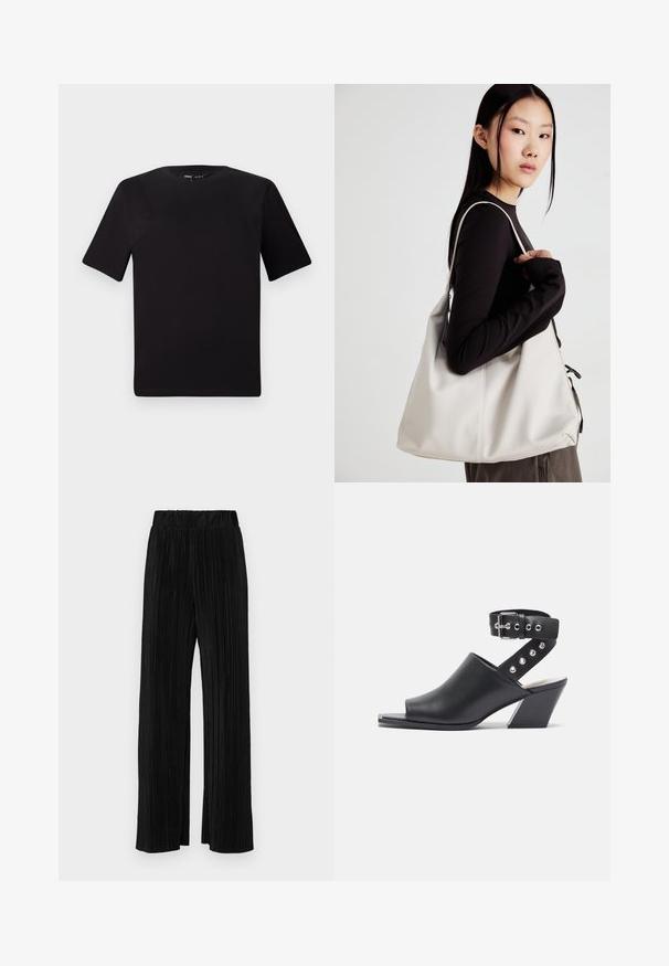 T-shirt nera a maniche corte con scollatura rotonda, realizzata in morbido cotone. Design semplice, senza loghi o motivi visibili.; Pantaloni neri a plissé con vita elasticizzata. Presentano gamba ampia e un tessuto liscio e texture con strisce verticali.; Sandal con tacco in pelle nera open-toe, con cinturino alla caviglia, chiusura con fibbia e applicazioni di borchie argentate sul cinturino, con tacco a blocco.; Borsa a mano beige realizzata in materiale morbido, caratterizzata da un design morbido, dettagli cuciti e due manici. Adatta per l'uso quotidiano.
