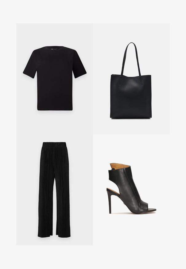 Juodas trumpas rankovės marškinėlis su apvaliu iškirpimu, pagamintas iš minkštos medvilnės medžiagos. Paprastas dizainas, be matomų logotipų ar raštų.; Juodi plisuoti kelnės su elastine juosta. Turėkite plačias kojas ir glotnų, tekstūrinį audinį su vertikaliais dryžiais.; Juodas odinis aukštakulnis sandalai su atviru pirštu ir išpjovų dizainu. Yra stiletto kulnas ir kontūruota kulkšnies dalis.; Juodas odinis tote krepšys su lygia tekstūra, stačiakampio formos ir dviem ilgais rankenomis. Matomų metalinių detalių ar puošybos nėra.