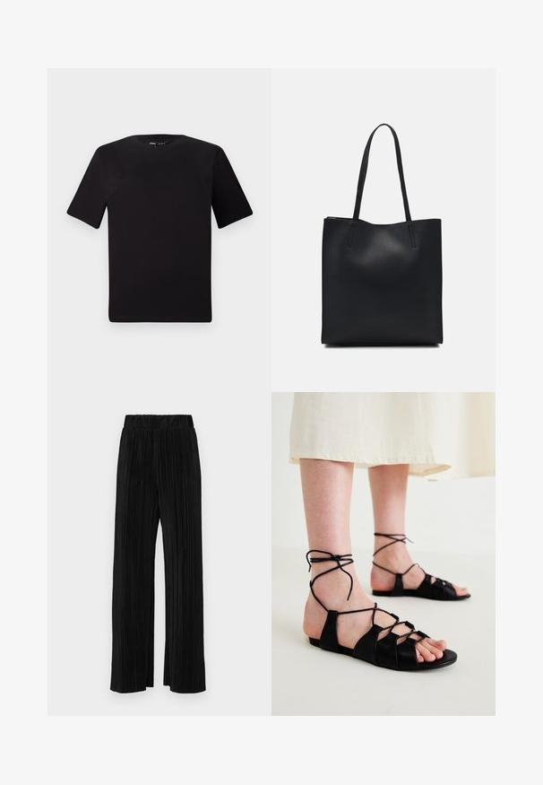 Svart t-skjorte med korte ermer og rund hals, laget av mykt bomullsstoff. Enkelt design, ingen synlige logoer eller mønstre.; Sorte plisserte bukser med elastisk midje. Har vide ben og et glatt, strukturert stoff med vertikale striper.; Svarte lær flate sandaler med kryssdesign og ankelbånd, med en glatt tekstur og åpen tå-stil.; Svart lær tote bag med glatt tekstur, rektangulær form og to lange håndtak. Ingen synlige deler eller dekorasjoner.