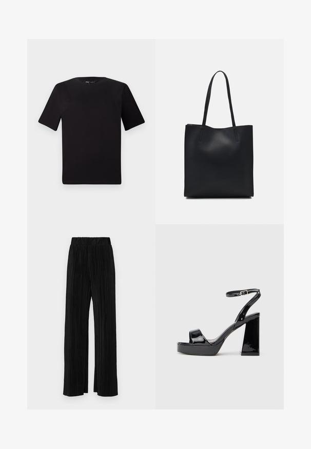 Tricou scurt negru cu mânecă scurtă și guler rotund, realizat dintr-un material de bumbac moale. Design simplu, fără logo-uri sau modele vizibile.; Pantaloni negri plisati cu talie elastică. Prezintă picioare largi și un material neted, texturat, cu dungi verticale.; Sandale cu toc înalt din piele lăcuită neagră, cu platformă și cataramă la gleznă, pe fundal alb.; Geantă tote neagră din piele, cu textură netedă, formă rectangulară și două mânere lungi. Fără hardware vizibil sau ornamente.