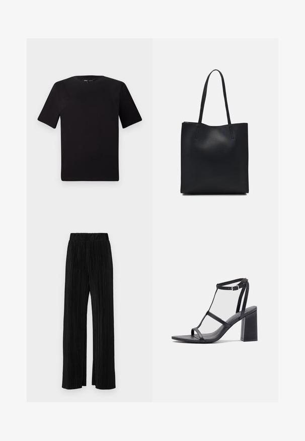 Crna majica kratkih rukava s okruglim izrezom, izrađena od mekane pamučne tkanine. Jednostavan dizajn, bez vidljivih logotipa ili uzoraka.; Crne plisirane hlače s elastičnim pojasom. Imaju široke nogavice i glatku, teksturiranu tkaninu s vertikalnim prugama.; Crne sandale na visokom potplatu s kvadratnim nosom i blok petom. Imaju tanke remenčiće i podesivu kopču oko gležnja. Glatka kožna tekstura.; Crna kožna torba za nošenje s glatkom teksturom, pravokutnim oblikom i dvije duge ručke. Nema vidljivih metalnih dijelova ili ukrasa.