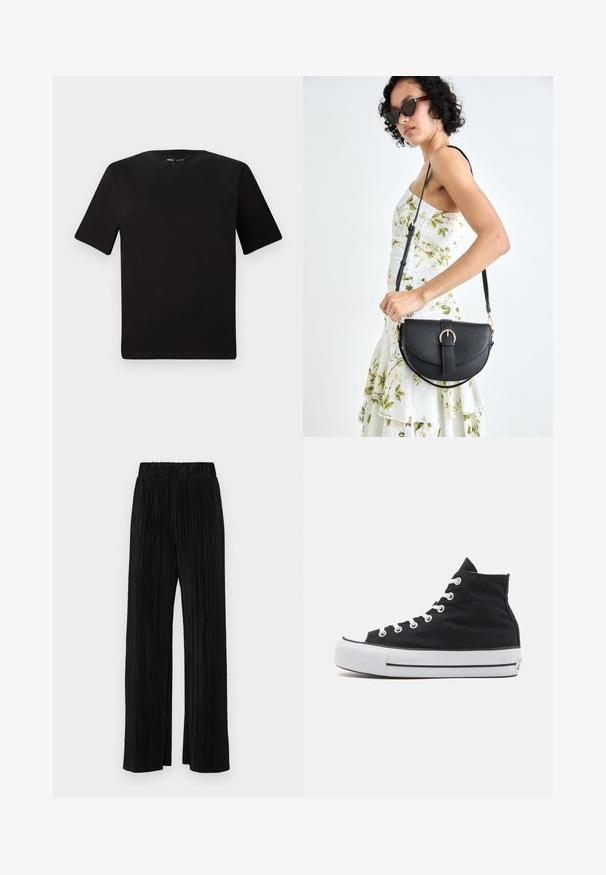 Juodas trumpas rankovės marškinėlis su apvaliu iškirpimu, pagamintas iš minkštos medvilnės medžiagos. Paprastas dizainas, be matomų logotipų ar raštų.; Juodi plisuoti kelnės su elastine juosta. Turėkite plačias kojas ir glotnų, tekstūrinį audinį su vertikaliais dryžiais.; Juodos aukštos kanvoso sportbačiai su balta guma nosyje, baltais raišteliais ir tekstūruotu juodu viršumi. Juodai baltas juostos formos vidurinė dalis.; Juodas odinis krepšys su išlenkta forma, nuimamu dirželiu ir auksiniais detalėmis. Krepšys turi kilpą su sagtimi.