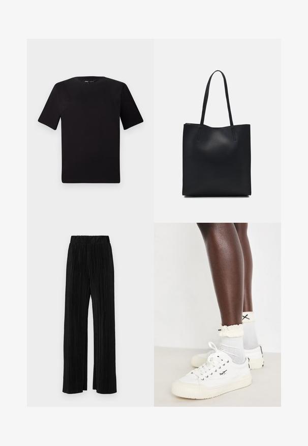 T-shirt preta de mangas curtas com decote redondo, feita de tecido de algodão suave. Design simples, sem logótipos ou padrões visíveis.; Calças pregueadas pretas com uma cintura elástica. Apresentam pernas largas e um tecido liso, texturizado com riscas verticais.; Sapatilhas brancas de canvas com solas texturizadas, combinadas com meias de tornozelo cinza claro e punhos de creme frisados; detalhe do logótipo preto nos sapatos.; Bolsa tote preta em couro com textura lisa, forma retangular e duas alças longas. Sem hardware ou enfeites visíveis.