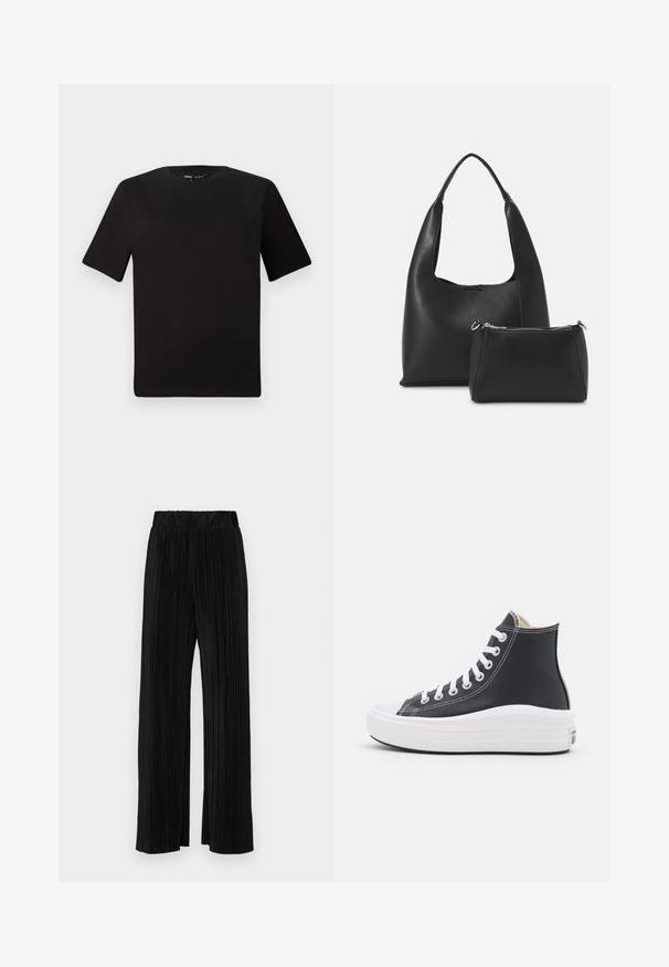 Juodas trumpas rankovės marškinėlis su apvaliu iškirpimu, pagamintas iš minkštos medvilnės medžiagos. Paprastas dizainas, be matomų logotipų ar raštų.; Juodi plisuoti kelnės su elastine juosta. Turėkite plačias kojas ir glotnų, tekstūrinį audinį su vertikaliais dryžiais.; Juoda aukšta sneaker su baltais raišteliais ir guminiu padu. Yra lygaus odos tekstūros ir baltos siūlės akcentais.; Even&Odd Rankinė - black