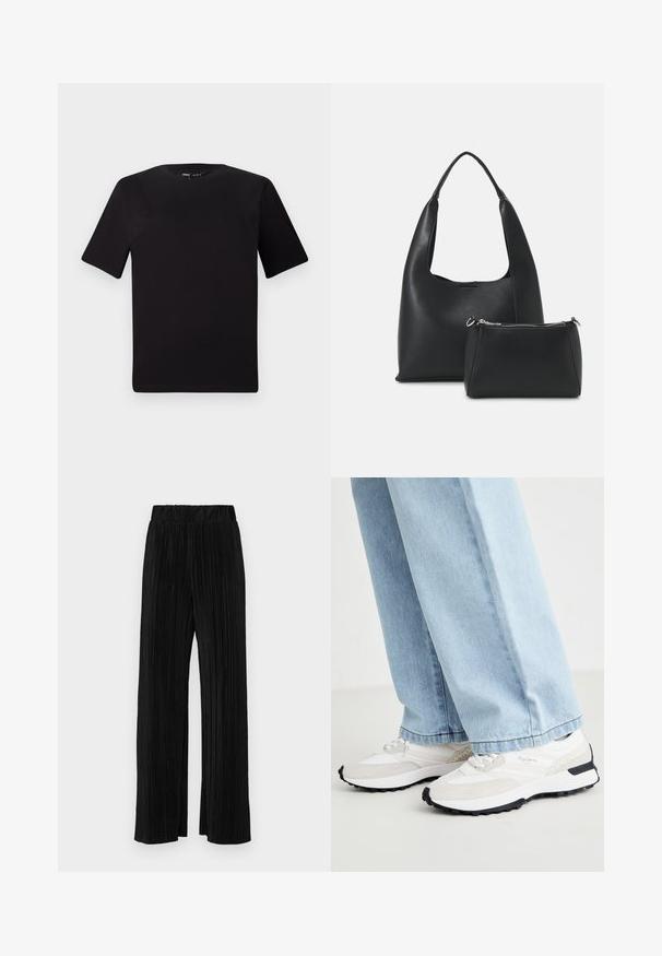 Must olema lühikeste varrukatega must t-särk ümmarguse kaelusega, valmistatud pehmest puuvillast kangast. Lihtne disain, ilma nähtavate logode või mustriteta.; Mustad pleekitud püksid elastse vöökohtaga. Omavad laiad jalad ja sujuvat, tekstureeritud kangast vertikaalsete triipudega.; Spordijalatsid, millel on valgestvõrgusüsi ülemine osa, hall nahkaktsent, must kummitald ja tekstuuriga disainielemendid küljel.; Even&Odd Käekott - black