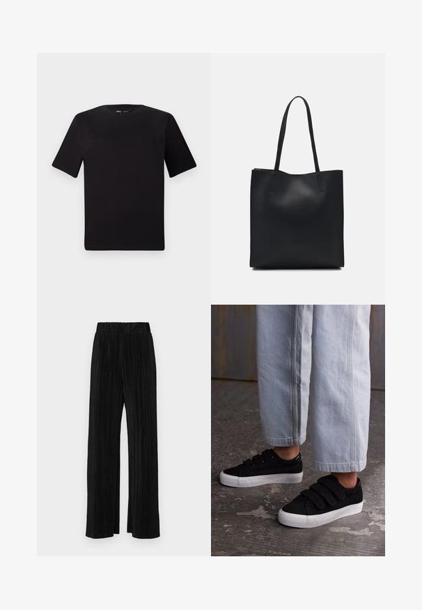 Svart kortärmad t-shirt med rund halsringning, tillverkad i mjukt bomullstyg. Enkelt mönster, utan synliga logotyper eller mönster.; Svarta plisserade byxor med resårmidja. Har vida ben och ett mjukt, texturerat material med vertikala ränder.; Svarta kord tofflor med tre kardborreband och en texturerad ovandel. Lågt profilerad vit gummisula. Bärs med ljusblå beskurna byxor.; Svart lädertoffelväska med slät textur, rektangulär form och två långa handtag. Ingen synlig hårdvara eller dekorationer.