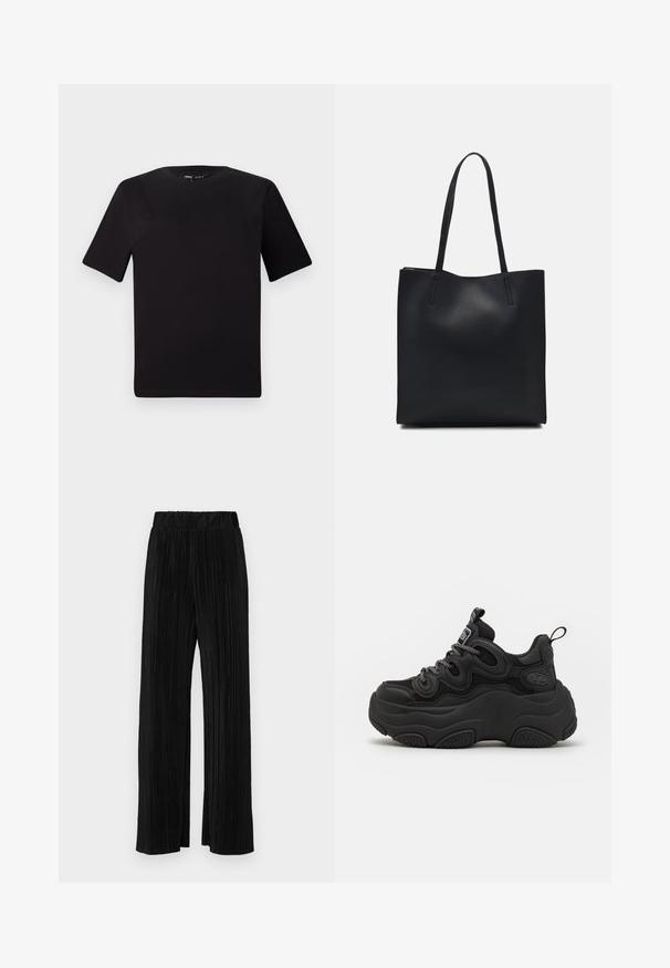 Černé tričko s krátkým rukávem a kulatým výstřihem, vyrobené z měkké bavlněné látky. Jednoduchý design, žádné viditelné logo nebo vzory.; Černé plisované kalhoty s elastickým pasem. Mají široké nohavice a hladkou, strukturovanou tkaninu s vertikálními pruhy.; Černé tenisky s robustním designem, které mají texturovaný svršek, síťované panely a silnou gumovou podrážku. Viditelné reflexní tkaničky a detaily značky.; Černá kožená taška přes rameno s hladkým povrchem, obdélníkovým tvarem a dvěma dlouhými uchy. Žádné viditelné kování ani ozdoby.