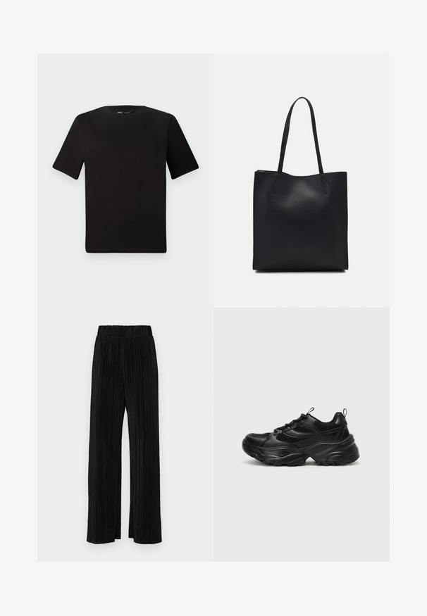 Black short-sleeve t-shirt with a round neckline, crafted from soft cotton fabric. Simple design, no visible logos or patterns.; Black pleated trousers with an elastic waistband. Features wide legs and a smooth, textured fabric with vertical stripes.; Even&Odd Trainers - black; Black leather tote bag with smooth texture, rectangular shape, and two long handles. No visible hardware or embellishments.