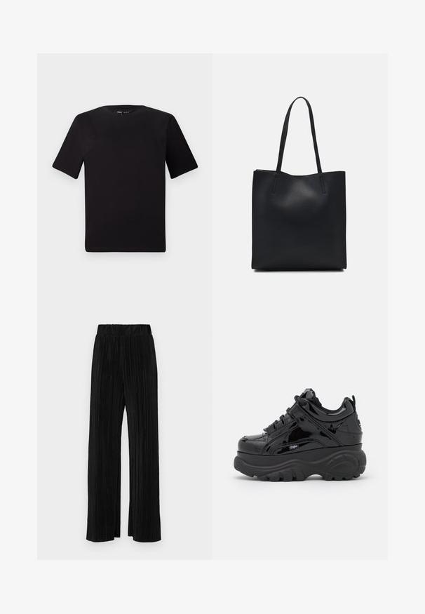 T-shirt noir à manches courtes avec un col rond, fabriqué en coton doux. Design simple, sans logos ni motifs visibles.; Pantalons plissés noirs avec une taille élastique. Présente des jambes larges et un tissu lisse texturé avec des rayures verticales.; Baskets montantes noires avec une finition en vernis brillant, dotées de semelles en caoutchouc épaisses, d'un design à lacets et d'un détail de logo sur le côté.; Sac fourre-tout en cuir noir avec une texture lisse, de forme rectangulaire et deux longues poignées. Pas de matériel ou d'ornementations visibles.