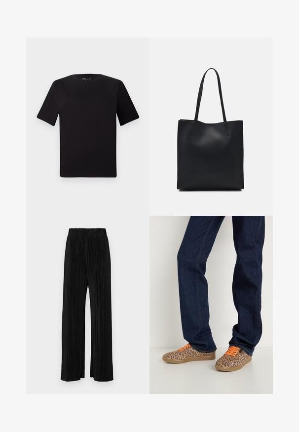 Must olema lühikeste varrukatega must t-särk ümmarguse kaelusega, valmistatud pehmest puuvillast kangast. Lihtne disain, ilma nähtavate logode või mustriteta.; Mustad pleekitud püksid elastse vöökohtaga. Omavad laiad jalad ja sujuvat, tekstureeritud kangast vertikaalsete triipudega.; Leopardimustriga tossud, millel on oranžid paelad, tekstureeritud kangast ülemine osa ja heledast pruunist kummist välistald, kombineeritud tumedast sinisest denimist teksadega.; Mustast nahast kott sujuva tekstuuriga, ristkülikukujuline ja kahe pika sangaga. Pole nähtavat riistvara ega kaunistusi.