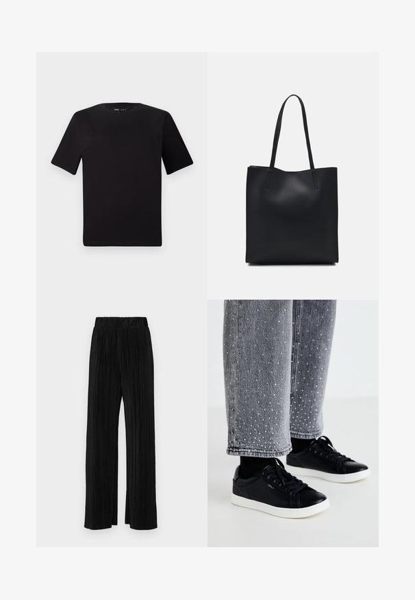 Melnas īsām piedurknēm T-krekls ar apaļu kakla izgriezumu, izgatavots no mīksta kokvilnas auduma. Vienkāršs dizains, bez redzamām logo vai rakstiem.; Melni plīšu bikses ar elastīgu jostu. Tām ir platākas kājas un gluda, teksturēta auduma ar vertikālām svītrām.; Melnas ādas sporta apavi ar baltām gumijas zolēm un teksturētām akcentiem. Saskaņoti ar pelēkām džinsu biksēm, kurām ir dekoratīvi sudrabaini punkti.; Melnas ādas somiņa ar gludu tekstūru, taisnstūra formu un divām garām rokturiem. Nav redzamu aparatūras vai rotājumu.