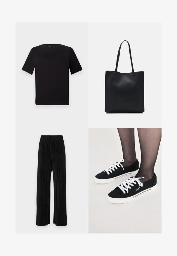 T-shirt nera a maniche corte con scollatura rotonda, realizzata in morbido cotone. Design semplice, senza loghi o motivi visibili.; Pantaloni neri a plissé con vita elasticizzata. Presentano gamba ampia e un tessuto liscio e texture con strisce verticali.; Sneakers neri in tela con lacci bianchi, suole in gomma bianche e dettagli a strisce laterali. Presentano un logo sui lati esterni.; Borsa tote in pelle nera con texture liscia, forma rettangolare e due manici lunghi. Nessun hardware o decorazione visibile.