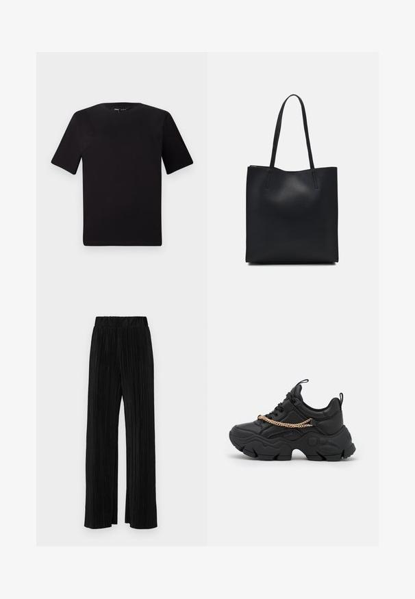 Czarna koszulka z krótkim rękawem o okrągłym dekolcie, wykonana z miękkiej bawełny. Prosty design, bez widocznych logo ani wzorów.; Czarne spodnie plisowane z elastycznym paskiem w talii. Posiadają szerokie nogawki oraz gładki, teksturowany materiał z pionowymi paskami.; Czarne trampki wykonane ze skóry z masywną podeszwą, z detalem w postaci złotego łańcucha na górze. Teksturowane wykończenie i zaokrąglony kształt.; Czarna skórzana torba tote o gładkiej fakturze, prostokątnym kształcie i dwóch długich uchwytach. Brak widocznych elementów metalowych i ozdób.