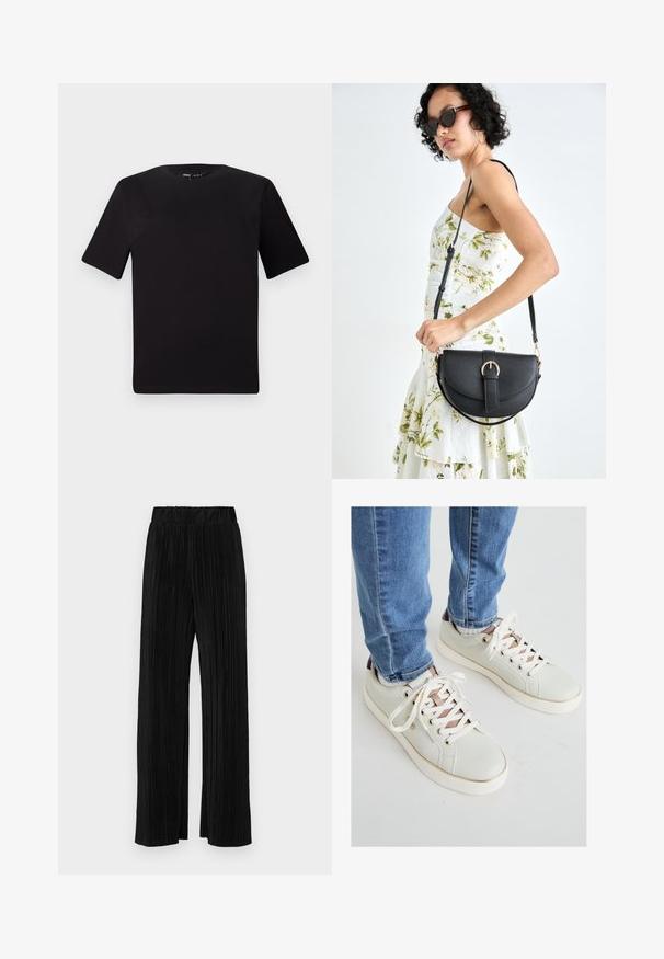 Svart t-skjorte med korte ermer og rund hals, laget av mykt bomullsstoff. Enkelt design, ingen synlige logoer eller mønstre.; Sorte plisserte bukser med elastisk midje. Har vide ben og et glatt, strukturert stoff med vertikale striper.; Lys grønne lærersneakers med hvite snøring, roségull detaljer og en teksturert overflate. Hvit gummisåle og brun hældetalj.; Svart lærveske med en buet form, avtagbar stropp og gullbeslag. Vesken har et klaff med spenne-detall.
