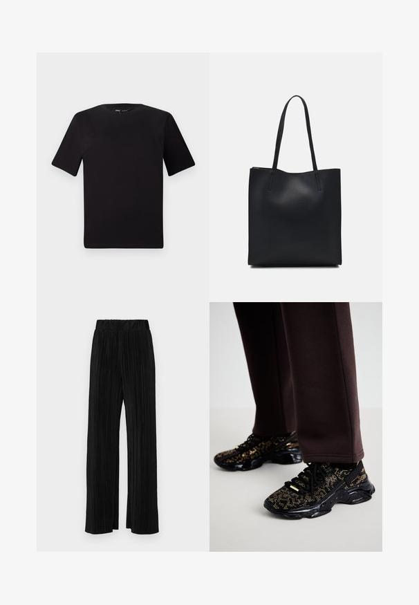 Fekete, rövid ujjú póló, kerek nyakkal, puha pamutból készült. Egyszerű dizájn, nincs látható logó vagy minta.; Fekete pliszírozott nadrág gumis derekkal. Széles lábakkal rendelkezik, sima, texturált anyagból készült, függőleges csíkokkal.; Fekete sportcipők arany pöttyökkel, texturált felszínnel és vaskos fekete talppal. Barna melegítőnadrággal párosítva, amely illeszkedő fazont mutat.; Fekete bőrtáska sima felszínnel, téglalap alakú, két hosszú füllel. Nincs látható fémkiegészítő vagy díszítés.