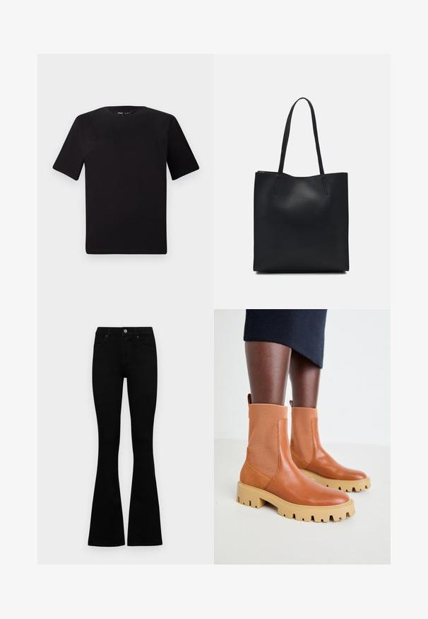 Camiseta negra de manga corta con cuello redondo, fabricada en suave algodón. Diseño simple, sin logos ni patrones visibles.; Jeans negros de cintura alta con cierre de botón y cremallera, bolsillos frontales y piernas acampanadas, dispuestos sobre un fondo blanco.; Botas de cuero marrón hasta el tobillo con paneles elásticos acanalados, suela gruesa beige y detalle de tirador; diseño contemporáneo con un acabado texturizado.; Bolso tote de cuero negro con textura lisa, forma rectangular y dos asas largas. Sin herrajes ni adornos visibles.