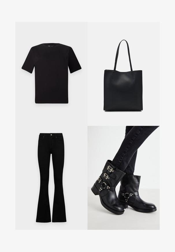 Black short-sleeve t-shirt with a round neckline, crafted from soft cotton fabric. Simple design, no visible logos or patterns.; Black high-waist jeans with a button and zip closure, front pockets, and flared legs laid flat on a white background.; Black leather ankle boots with three buckle accents, rounded toe, and a low block heel. The design features smooth and textured panels.; Black leather tote bag with smooth texture, rectangular shape, and two long handles. No visible hardware or embellishments.