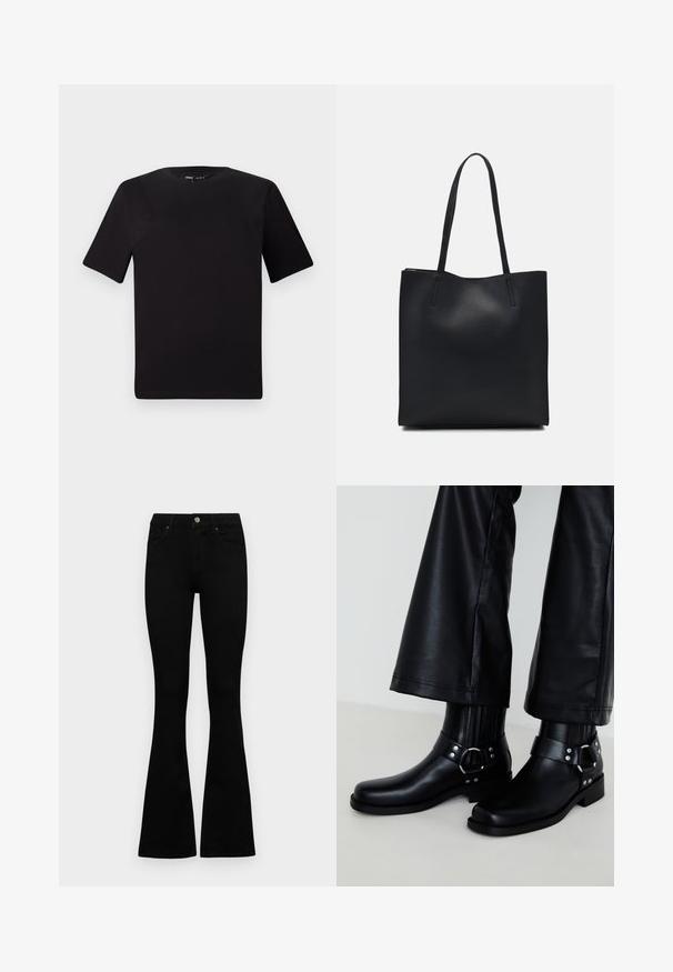 Musta lyhythihainen t-paita pyöreällä kaula-aukolla, valmistettu pehmeästä puuvillakankaasta. Yksinkertainen malli, ei näkyviä logoja tai kuvioita.; Mustat korkeavyötäröiset farkut nappi- ja vetskariyläosalla, etutaskuilla ja levenevillä lahkeilla, asetettuna tasaisesti valkoista taustaa vasten.; Mustat nahkaiset nilkkurit, joissa on pyöreä kärki, koristeellinen solki ja niittejä hihnassa sekä pystypinnoitusta.; Mustapahkainen kangaskassi, jossa on sileä pinta, suorakaiteen muotoinen ja kaksi pitkää kahvaa. Ei näkyvää metalliosaa tai koristeita.