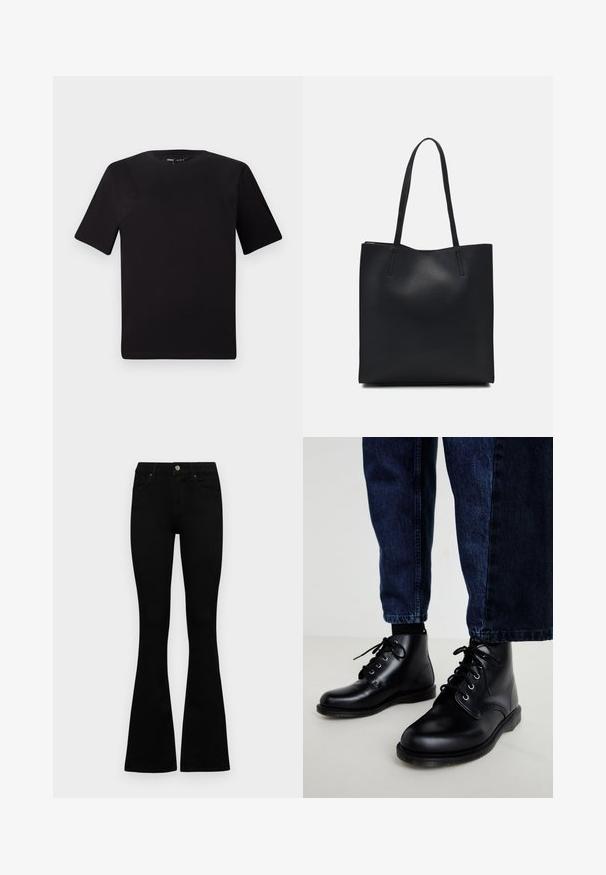 Czarna koszulka z krótkim rękawem o okrągłym dekolcie, wykonana z miękkiej bawełny. Prosty design, bez widocznych logo ani wzorów.; Czarne, wysokie dżinsy z guzikem i zamkiem błyskawicznym, z przednimi kieszeniami i rozszerzanymi nogawkami, leżące płasko na białym tle.; Czarne skórzane botki za kostkę z okrągłymi noskami, z wiązaniem i metalowymi oczkami. Noszone z ciemnoniebieskimi spodniami dżinsowymi o prostym kroju.; Czarna skórzana torba tote o gładkiej fakturze, prostokątnym kształcie i dwóch długich uchwytach. Brak widocznych elementów metalowych i ozdób.