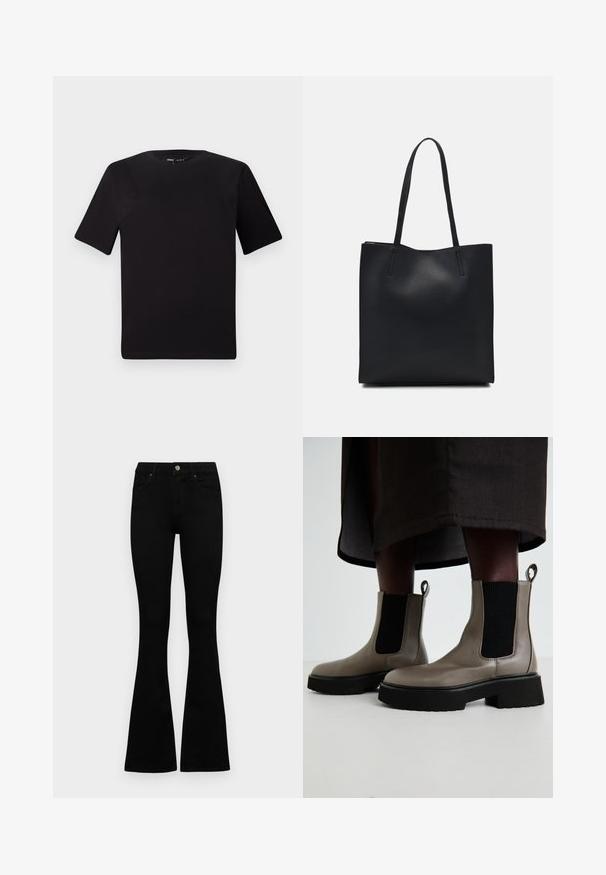 Musta lyhythihainen t-paita pyöreällä kaula-aukolla, valmistettu pehmeästä puuvillakankaasta. Yksinkertainen malli, ei näkyviä logoja tai kuvioita.; Mustat korkeavyötäröiset farkut nappi- ja vetskariyläosalla, etutaskuilla ja levenevillä lahkeilla, asetettuna tasaisesti valkoista taustaa vasten.; Harmaat nilkkurit, jotka on valmistettu teksturoidusta nahasta ja joissa on joustavat sivupaneelit sekä paksu musta pohja. Varustettu vetoketjuilla, jotka helpottavat pukemista.; Mustapahkainen kangaskassi, jossa on sileä pinta, suorakaiteen muotoinen ja kaksi pitkää kahvaa. Ei näkyvää metalliosaa tai koristeita.