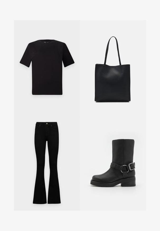 Must olema lühikeste varrukatega must t-särk ümmarguse kaelusega, valmistatud pehmest puuvillast kangast. Lihtne disain, ilma nähtavate logode või mustriteta.; Mustad kõrge vöökohtadega teksad, millel on nööp ja lukuga sulgemine, esikäe taskud ja laienevad sääred, asetatud tasasele valgele taustale.; Must musta õhukesed nahast saapad ümarate varvastega, paksu kandaga ja dekoratiivse pandlaga pahkluul. Tekstureeritud viimistlus.; Mustast nahast kott sujuva tekstuuriga, ristkülikukujuline ja kahe pika sangaga. Pole nähtavat riistvara ega kaunistusi.