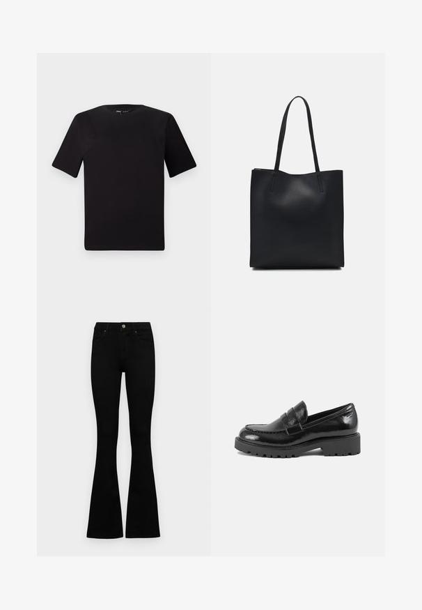 Svart kortärmad t-shirt med rund halsringning, tillverkad i mjukt bomullstyg. Enkelt mönster, utan synliga logotyper eller mönster.; Svarta högmidjade jeans med knäppning och dragkedja, frontfickor och utsvängda ben, liggande platt på en vit bakgrund.; Svart lackläder loafer med en strukturerad tå, dekorativ rem över vampen och en tjock, robust sula. Slät, glansig yta.; Svart lädertoffelväska med slät textur, rektangulär form och två långa handtag. Ingen synlig hårdvara eller dekorationer.