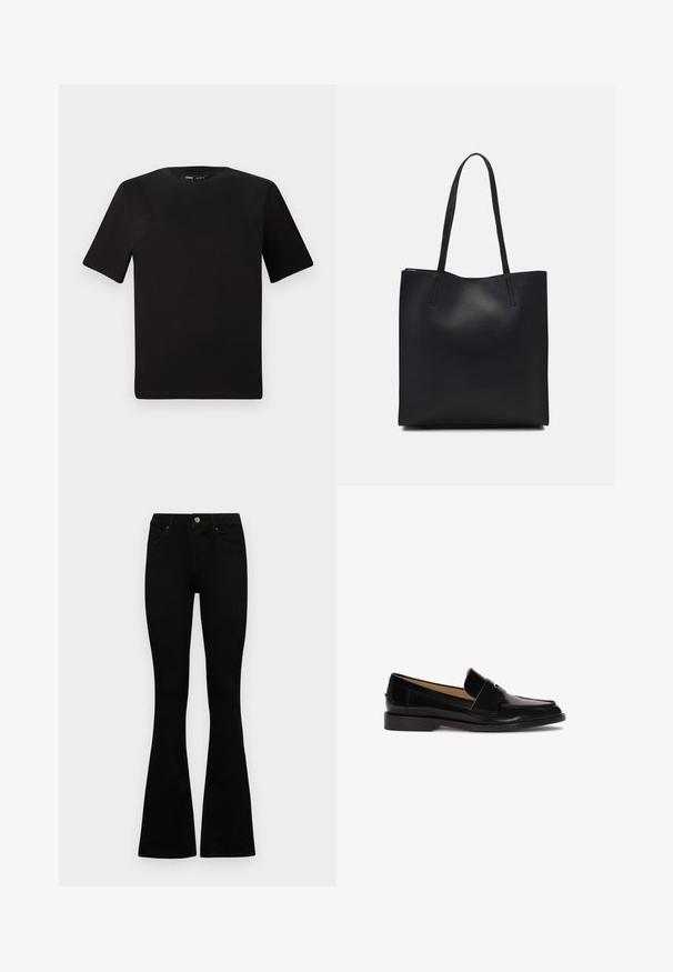 T-shirt nera a maniche corte con scollatura rotonda, realizzata in morbido cotone. Design semplice, senza loghi o motivi visibili.; Jeans neri a vita alta con chiusura a bottoni e zip, tasche frontali e gambali svasati, distesi su uno sfondo bianco.; Mocassini neri in pelle con finitura liscia, punta arrotondata e una fascia decorativa sul davanti. Design con tacco basso a blocco.; Borsa tote in pelle nera con texture liscia, forma rettangolare e due manici lunghi. Nessun hardware o decorazione visibile.