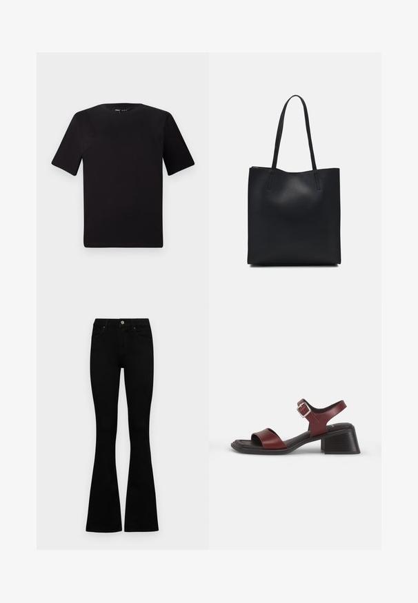 Black short-sleeve t-shirt with a round neckline, crafted from soft cotton fabric. Simple design, no visible logos or patterns.; Black high-waist jeans with a button and zip closure, front pockets, and flared legs laid flat on a white background.; Open-toe burgundy leather sandals with a black block heel. Features an adjustable ankle strap with a silver buckle and a smooth texture.; Black leather tote bag with smooth texture, rectangular shape, and two long handles. No visible hardware or embellishments.