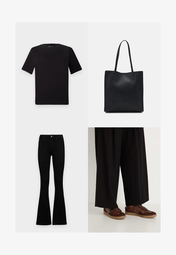 Black short-sleeve t-shirt with a round neckline, crafted from soft cotton fabric. Simple design, no visible logos or patterns.; Black high-waist jeans with a button and zip closure, front pockets, and flared legs laid flat on a white background.; Brown sneakers featuring a mixed material design with suede and snake print accents, round toe, lace-up closure, and textured rubber soles.; Black leather tote bag with smooth texture, rectangular shape, and two long handles. No visible hardware or embellishments.