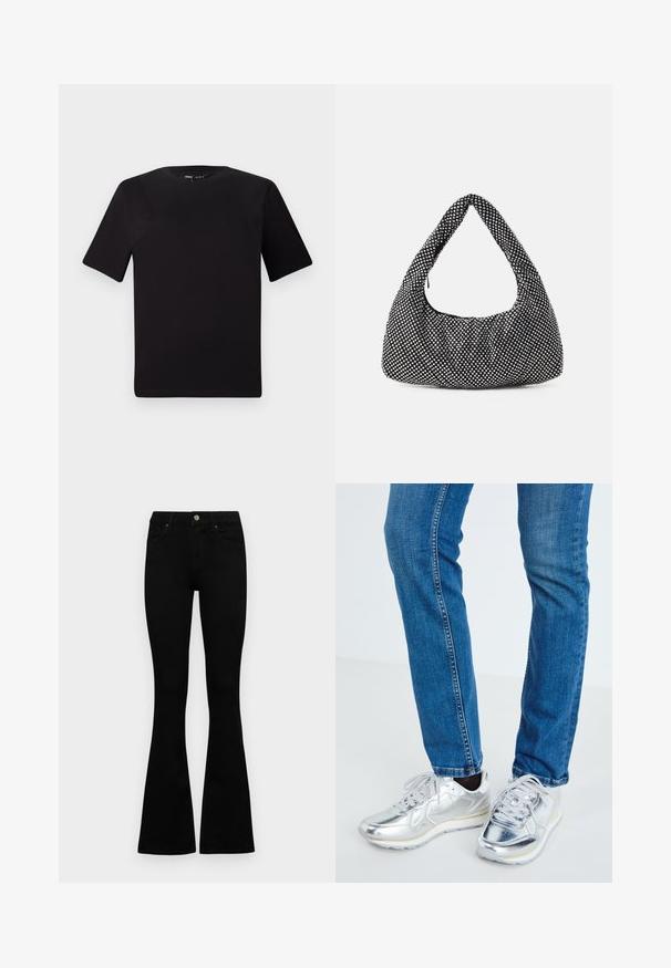 Czarna koszulka z krótkim rękawem o okrągłym dekolcie, wykonana z miękkiej bawełny. Prosty design, bez widocznych logo ani wzorów.; Czarne, wysokie dżinsy z guzikem i zamkiem błyskawicznym, z przednimi kieszeniami i rozszerzanymi nogawkami, leżące płasko na białym tle.; Srebrne metaliczne sneakersy o gładkiej teksturze, okrągłym nosku i białej gumowej podeszwie, w zestawieniu z dopasowanymi niebieskimi dżinsami z delikatnym przeszyciem.; Czarna torba o wypukłym kształcie hobo, wykonana z teksturowanej tkaniny z metalowymi ćwiekami. Posiada jeden uchwyt na górze, zamek błyskawiczny oraz miękką sylwetkę.