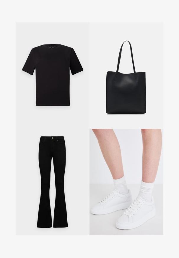 Schwarzes T-Shirt mit kurzen Ärmeln und Rundhalsausschnitt, aus weichem Baumwollmaterial gefertigt. Schlichtes Design, keine sichtbaren Logos oder Muster.; Schwarze hochtaillierte Jeans mit einem Knopf- und Reißverschluss, Fronttaschen und ausgestellten Beinen, flach auf einem weißen Hintergrund ausgelegt.; Copenhagen Studios CPH72 - Sneaker low - white; Schwarze Laptoptasche aus Leder mit glatter Textur, rechteckiger Form und zwei langen Griffen. Keine sichtbaren Beschläge oder Verzierungen.