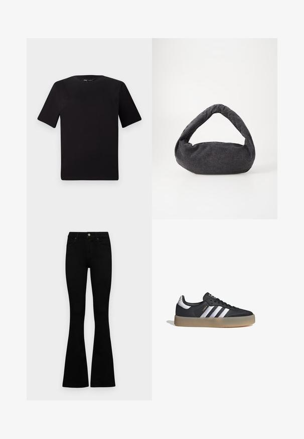 Musta lyhythihainen t-paita pyöreällä kaula-aukolla, valmistettu pehmeästä puuvillakankaasta. Yksinkertainen malli, ei näkyviä logoja tai kuvioita.; Mustat korkeavyötäröiset farkut nappi- ja vetskariyläosalla, etutaskuilla ja levenevillä lahkeilla, asetettuna tasaisesti valkoista taustaa vasten.; Musta nahkainen urheilukenkä, jossa on kolme hopeista raitaa, teksturoitu varvas ja kumipohja. Varustettu pehmustetulla nilkkasaumalla ja nauhoitussuunnitelmalla.; Tummanharmaa kangaskassi, jossa on kaareva kahva, pehmeä tekstuuri ja pyöreä muoto. Ei näkyvää varustusta tai koristeita.