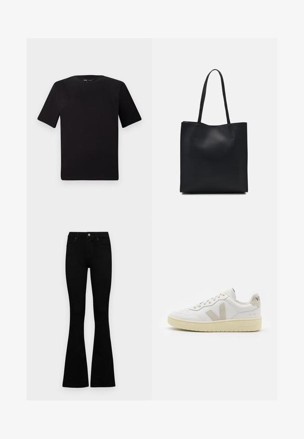 T-shirt preta de mangas curtas com decote redondo, feita de tecido de algodão suave. Design simples, sem logótipos ou padrões visíveis.; Jeans pretos de cintura alta com fecho de botão e zíper, bolsos frontais e pernas largas dispostos em cima de um fundo branco.; Sapatilha de couro branca com detalhes em camurça bege, biqueira perfurada, atacadores planos e sola texturizada creme. Apresenta uma marcação subtil no calcanhar.; Bolsa tote preta em couro com textura lisa, forma retangular e duas alças longas. Sem hardware ou enfeites visíveis.