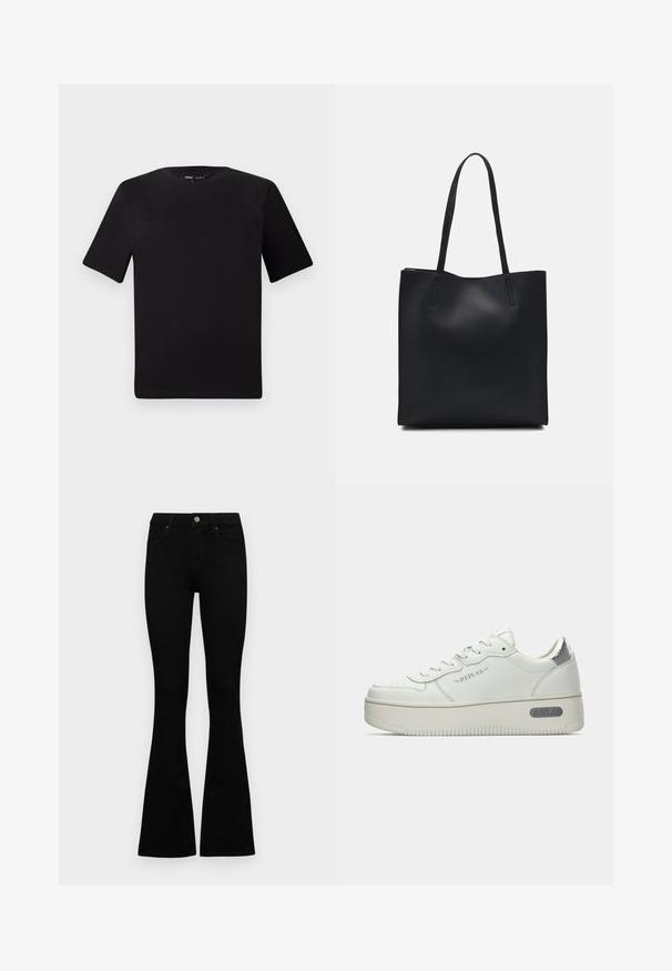 Zwarte T-shirt met korte mouwen en een ronde hals, gemaakt van zachte katoenstof. Eenvoudig ontwerp, geen zichtbare logo's of patronen.; Zwarte hoge taille jeans met een knoop- en ritssluiting, voorzakken en een flared pijp, plat gelegd op een witte achtergrond.; Witte leren sneakers met een textuurzool, voorzien van een zilver metallic hieltab en "REPLAY" branding aan de zijkant. Minimalistisch ontwerp.; Zwarte leren handtas met een gladde textuur, rechthoekige vorm en twee lange handvaten. Geen zichtbare hardware of versieringen.