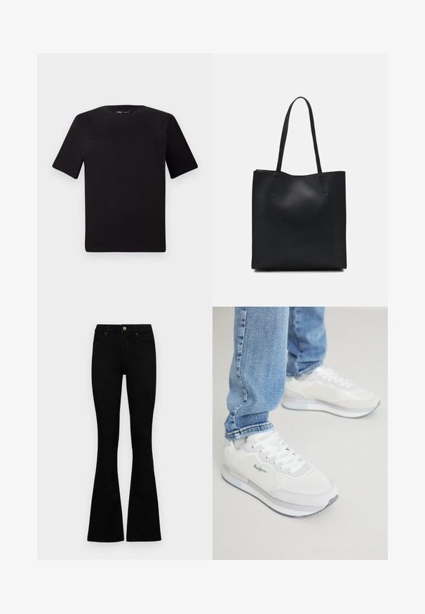 T-shirt preta de mangas curtas com decote redondo, feita de tecido de algodão suave. Design simples, sem logótipos ou padrões visíveis.; Jeans pretos de cintura alta com fecho de botão e zíper, bolsos frontais e pernas largas dispostos em cima de um fundo branco.; Ténis atléticos brancos com um acabamento texturizado e suave, apresentando atacadores e uma sola de borracha cinza. Complementados por jeans azuis claros e ajustados.; Bolsa tote preta em couro com textura lisa, forma retangular e duas alças longas. Sem hardware ou enfeites visíveis.