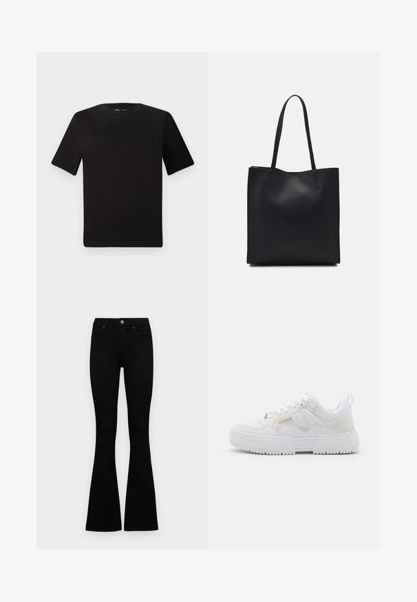 Svart t-skjorte med korte ermer og rund hals, laget av mykt bomullsstoff. Enkelt design, ingen synlige logoer eller mønstre.; Sorte høytlivsjeans med knapp og glidelås, frontlommer og utsvingte bein liggende flatt på en hvit bakgrunn.; Hvite sneakers med en kraftig design, som har lær- og syntetiske materialer, teksturerte detaljer, snørebånd og en fremtredende logo i gull.; Svart lær tote bag med glatt tekstur, rektangulær form og to lange håndtak. Ingen synlige deler eller dekorasjoner.