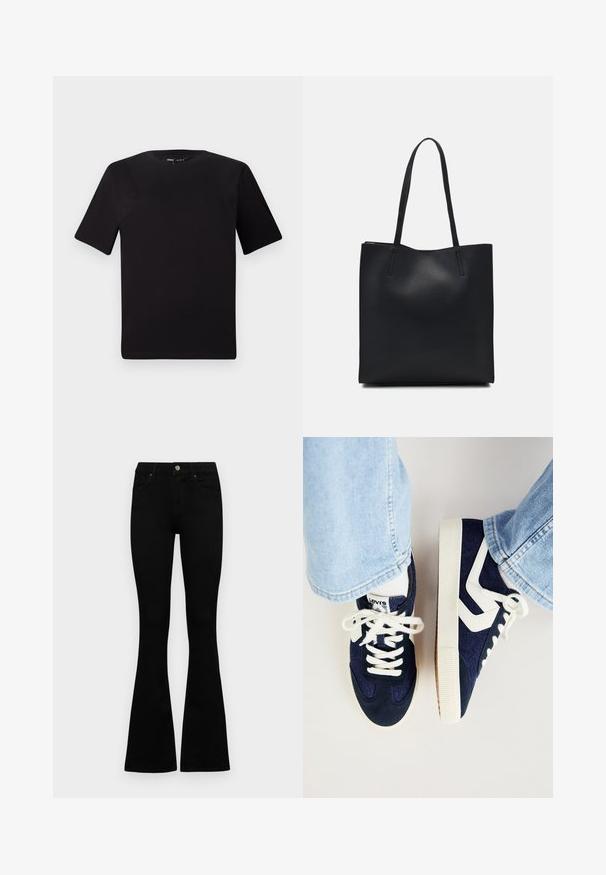 Black short-sleeve t-shirt with a round neckline, crafted from soft cotton fabric. Simple design, no visible logos or patterns.; Black high-waist jeans with a button and zip closure, front pockets, and flared legs laid flat on a white background.; Navy-blue sneakers made of suede and textile, featuring white laces, a textured sole, and contrast detailing on the side.; Black leather tote bag with smooth texture, rectangular shape, and two long handles. No visible hardware or embellishments.
