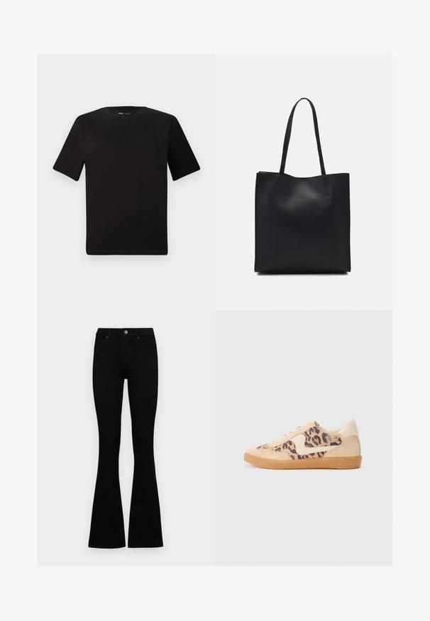 Crna majica kratkih rukava s okruglim izrezom, izrađena od mekane pamučne tkanine. Jednostavan dizajn, bez vidljivih logotipa ili uzoraka.; Crne traperice viskog struka s kopčanjem na gumb i rajfeslusu, prednjim džepovima i širom nogavicama položene su ravno na bijeloj pozadini.; Tenisice s uzorkom leoparda, bež nubuk gornjištem, smešnim gumenim đonom i bijelim detaljima. Okrugli vrh i dizajn s vezicama s teksturiranom završnom obradom.; Crna kožna torba za nošenje s glatkom teksturom, pravokutnim oblikom i dvije duge ručke. Nema vidljivih metalnih dijelova ili ukrasa.