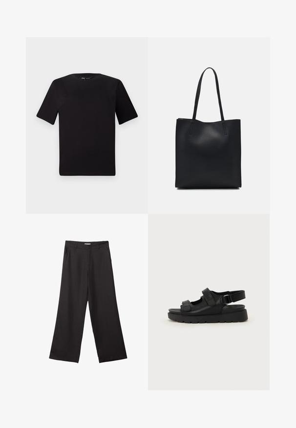 Černé tričko s krátkým rukávem a kulatým výstřihem, vyrobené z měkké bavlněné látky. Jednoduchý design, žádné viditelné logo nebo vzory.; Černé široké kalhoty vyrobené z hladké tkaniny, s předním zipem a dvěma bočními kapsami, s dobře padnoucím střihem a minimalistickým designem.; Černé kožené sandály s masivní podrážkou, nastavitelnými popruhy a výřezy pro lepší prodyšnost. Hladký povrch s matným vzhledem.; Černá kožená taška přes rameno s hladkým povrchem, obdélníkovým tvarem a dvěma dlouhými uchy. Žádné viditelné kování ani ozdoby.