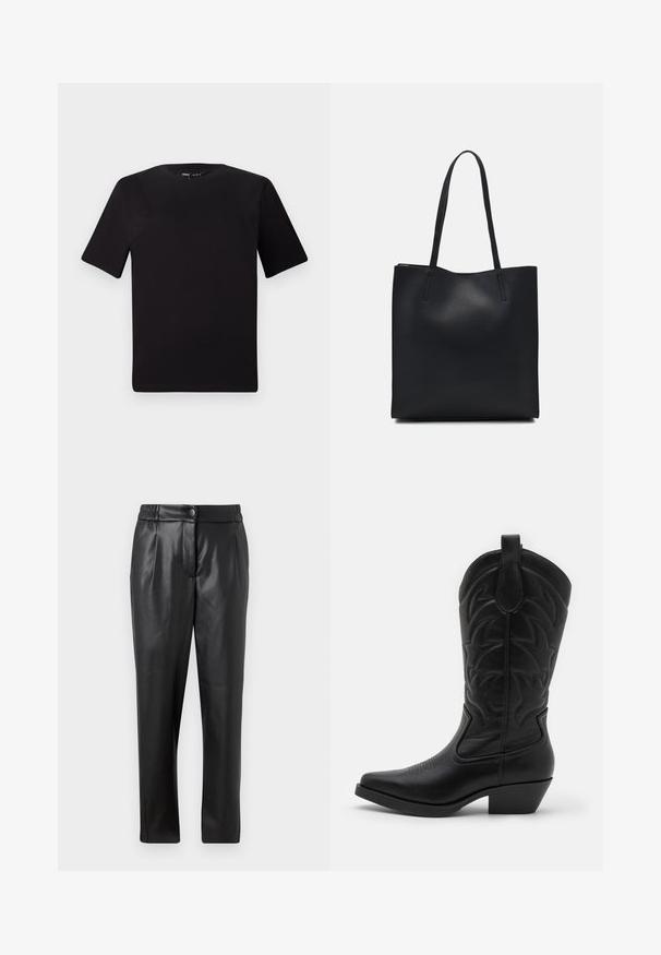 Black short-sleeve t-shirt with a round neckline, crafted from soft cotton fabric. Simple design, no visible logos or patterns.; Black leather pants with a smooth texture, straight fit, elastic waistband, and a front button closure; pleated detailing and tapered legs.; Black cowboy boot with a pointed toe, textured leather, decorative stitching on the shaft, and a low stacked heel.; Black leather tote bag with smooth texture, rectangular shape, and two long handles. No visible hardware or embellishments.