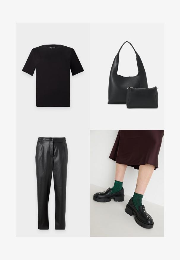 Tricou scurt negru cu mânecă scurtă și guler rotund, realizat dintr-un material de bumbac moale. Design simplu, fără logo-uri sau modele vizibile.; Pantaloni din piele neagră cu o textură netedă, croială dreaptă, talie elastică și închidere cu nasture frontal; detalii plisate și picioare înguste.; Loafers negri din piele cu talpă groasă, cu accente de hardware argintiu și șosete verzi strălucitoare. Fusta este de un burgundy închis și are lungimea până la podea.; Even&Odd Geantă de mână - black