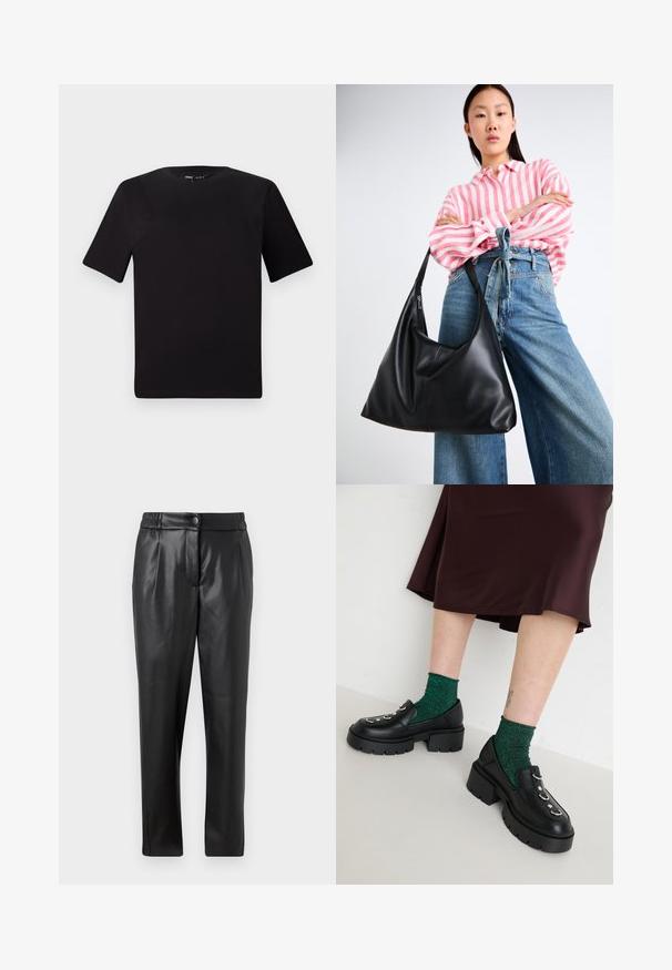 Fekete, rövid ujjú póló, kerek nyakkal, puha pamutból készült. Egyszerű dizájn, nincs látható logó vagy minta.; Fekete bőr nadrág sima textúrával, egyenes szabással, rugalmas derékkal és elülső gombos záródással; pliszírozott részletezéssel és szűkített lábakkal.; Fekete bőr loaferek vastag talppal, ezüst színű fém kiegészítőkkel, és zöld csillogó zoknikkal. A szoknya sötét bordó és földig érő.; Fekete bőr válltáska, laza formával és varrás részletekkel. A model egy rózsaszín és fehér csíkos inget visel széles szárú kék farmernadrággal.