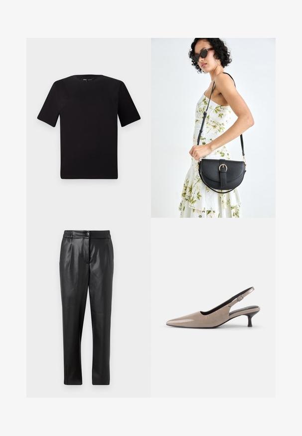 Musta lyhythihainen t-paita pyöreällä kaula-aukolla, valmistettu pehmeästä puuvillakankaasta. Yksinkertainen malli, ei näkyviä logoja tai kuvioita.; Mustat nahkahousut, joissa on sileä pinta, suora leikkaus, joustava vyötärö ja etupainike; poimutettu yksityiskohta ja suppilomaiset lahkeet.; Kengät slingback teräväkärkisillä, kiiltävän beigen patenttinäöllä, kapealla korolla ja säädettävällä hihnalla turvallisen istuvuuden takaamiseksi.; Musta nahkainen käsilaukku, joka on kaareva muotoilultaan, irrotettavalla hihnalla ja kultaisilla yksityiskohdilla. Laukussa on läppä, jossa on solk yksityiskohta.