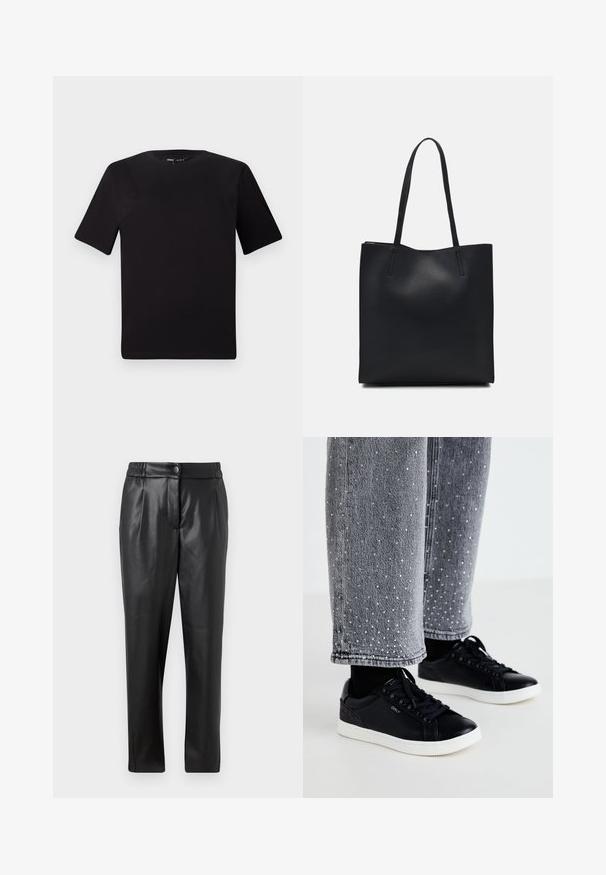 Musta lyhythihainen t-paita pyöreällä kaula-aukolla, valmistettu pehmeästä puuvillakankaasta. Yksinkertainen malli, ei näkyviä logoja tai kuvioita.; Mustat nahkahousut, joissa on sileä pinta, suora leikkaus, joustava vyötärö ja etupainike; poimutettu yksityiskohta ja suppilomaiset lahkeet.; Mustat nahkakengät, joissa on valkoiset kumipohjat ja teksturoidut koristeet. Yhdistetty harmaan farkkujen kanssa, joissa on koristellut hopeiset pisteet.; Mustapahkainen kangaskassi, jossa on sileä pinta, suorakaiteen muotoinen ja kaksi pitkää kahvaa. Ei näkyvää metalliosaa tai koristeita.